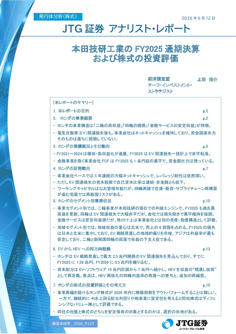 【レポート】本田技研工業のFY2025通期決算および株式の投資評価