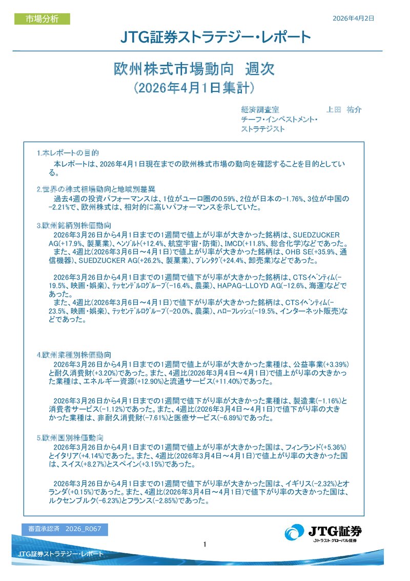 欧州株式市場動向　週次(2026年4月1日集計)