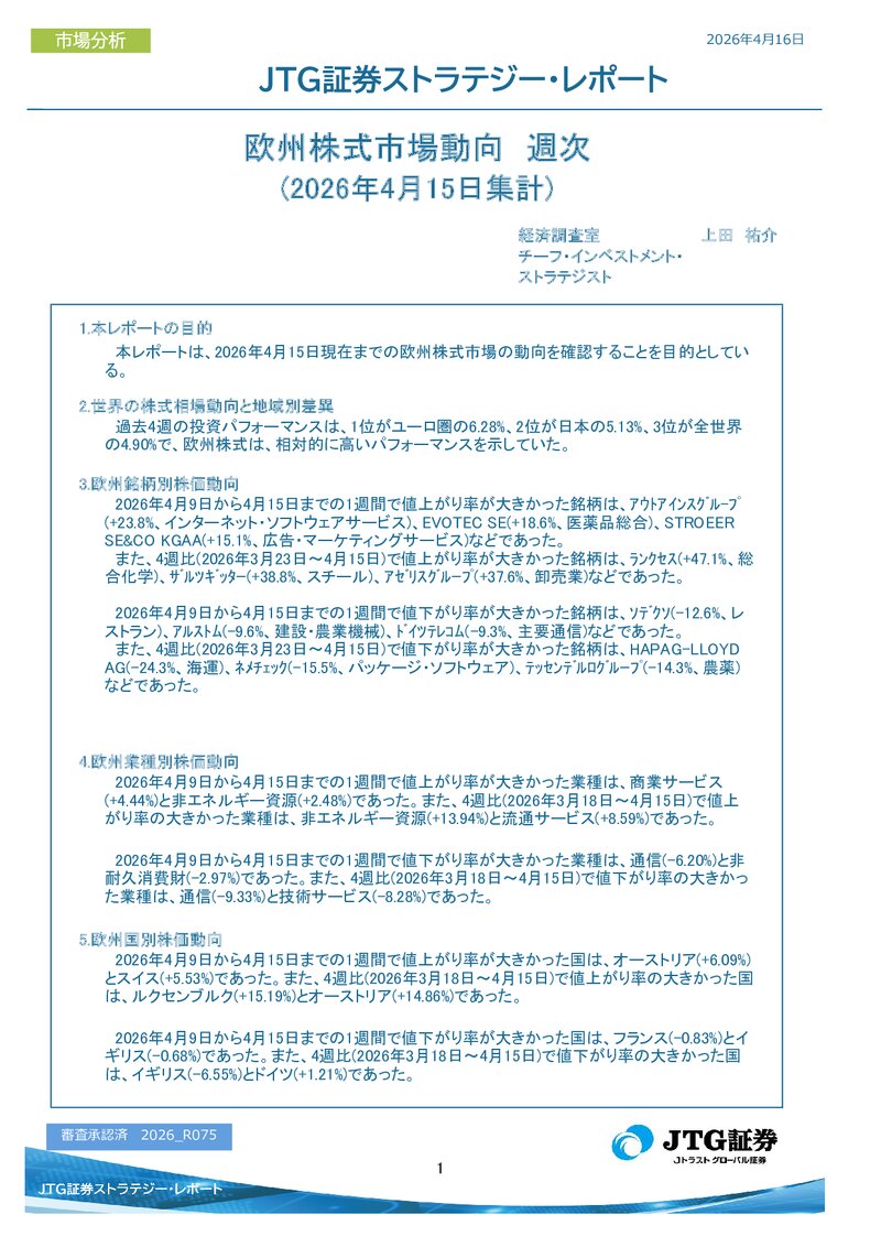 欧州株式市場動向　週次(2026年4月15日集計)