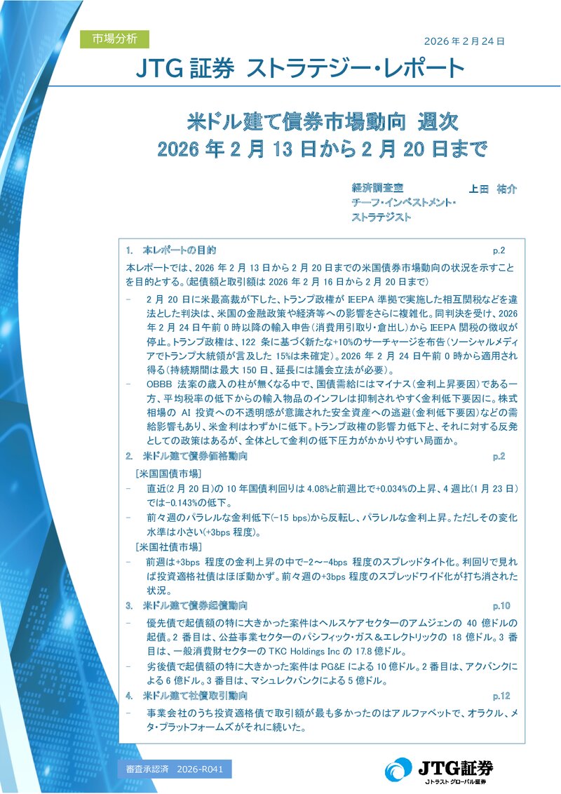 米ドル建て債券市場動向 週次 2026年2月13日から2月20日まで