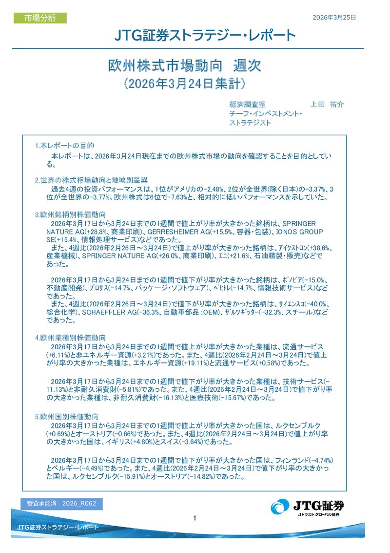 欧州株式市場動向　週次(2026年3月24日集計)