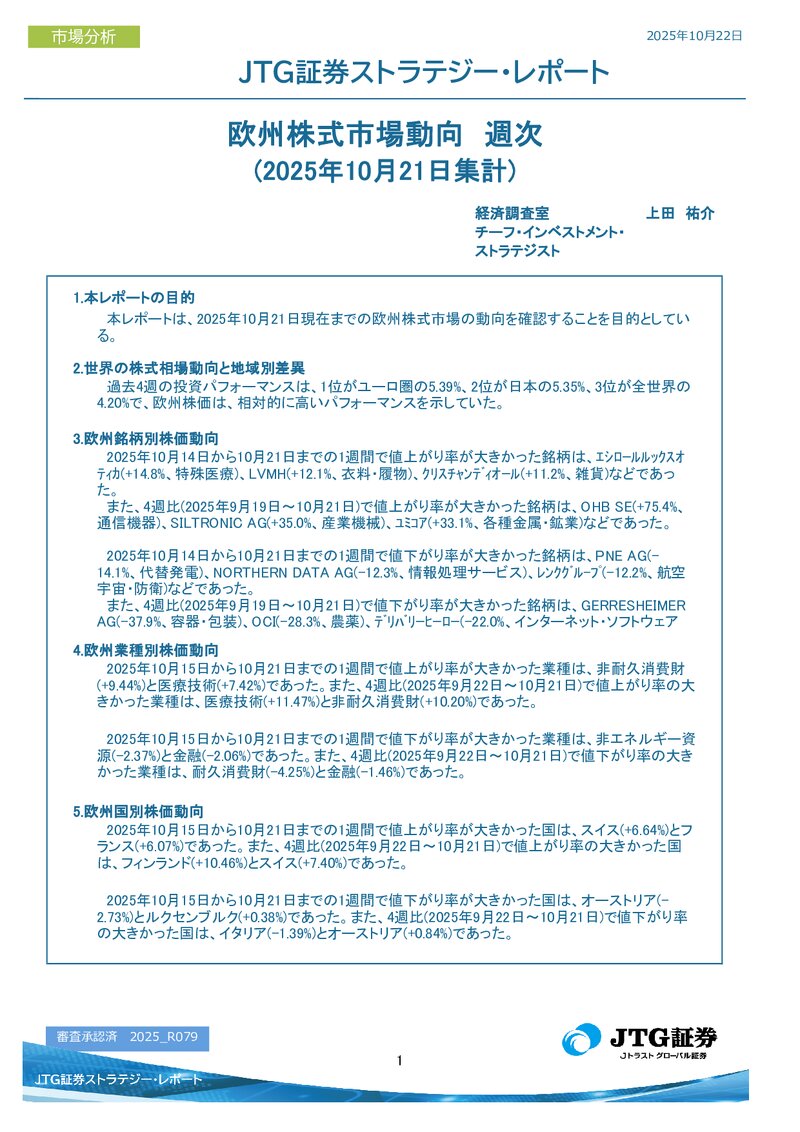 欧州株式市場動向　週次(2025年10月21日集計)