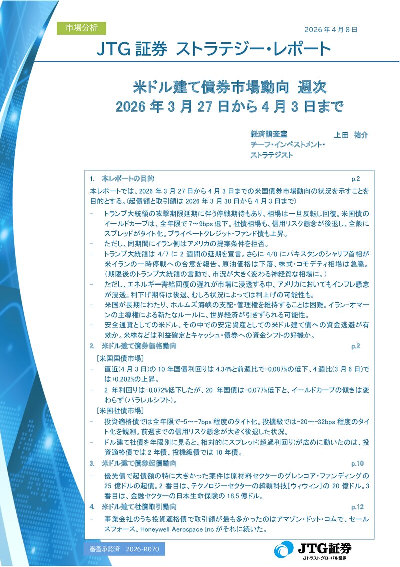 米ドル建て債券市場動向 週次 2026年3月27日から4月3日まで