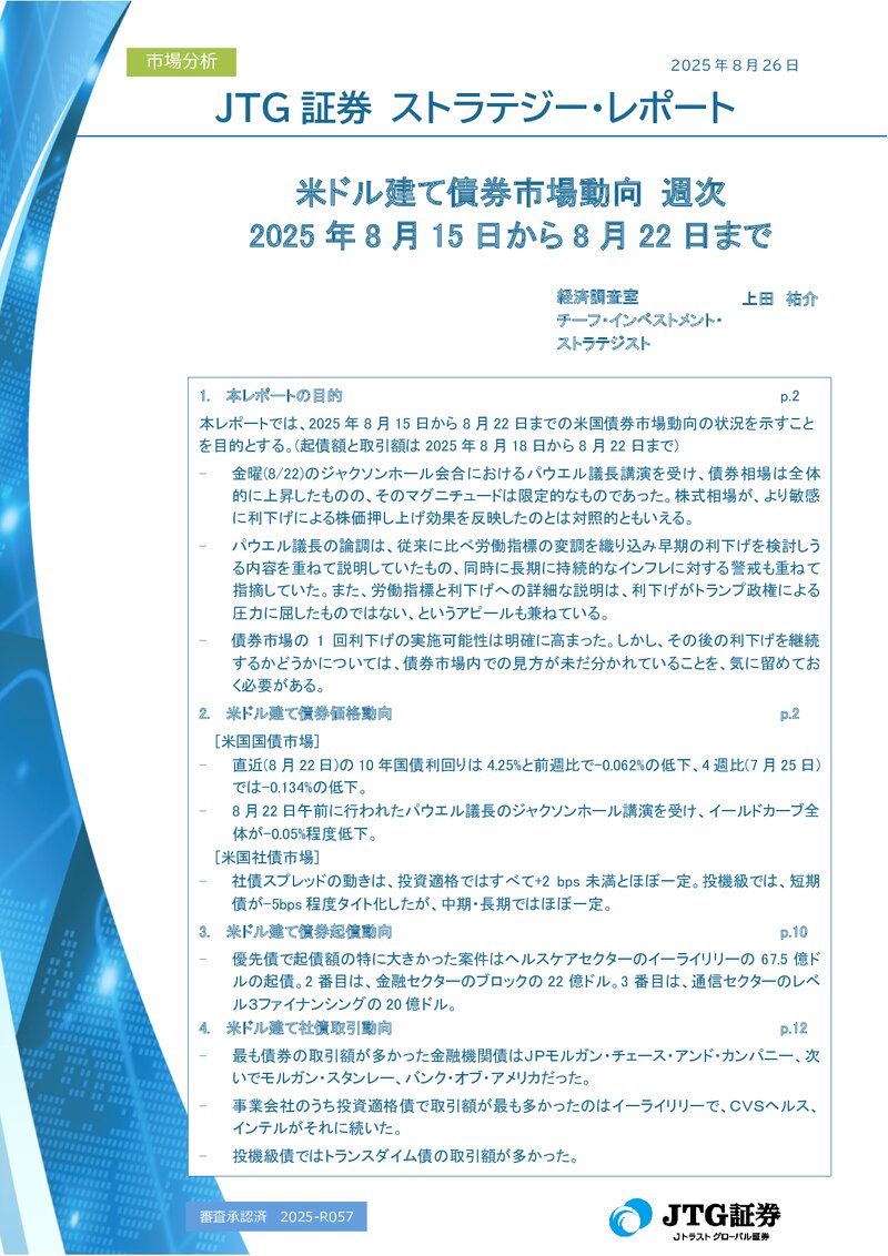 米ドル建て債券市場動向 週次 2025年8月15日から8月22日まで