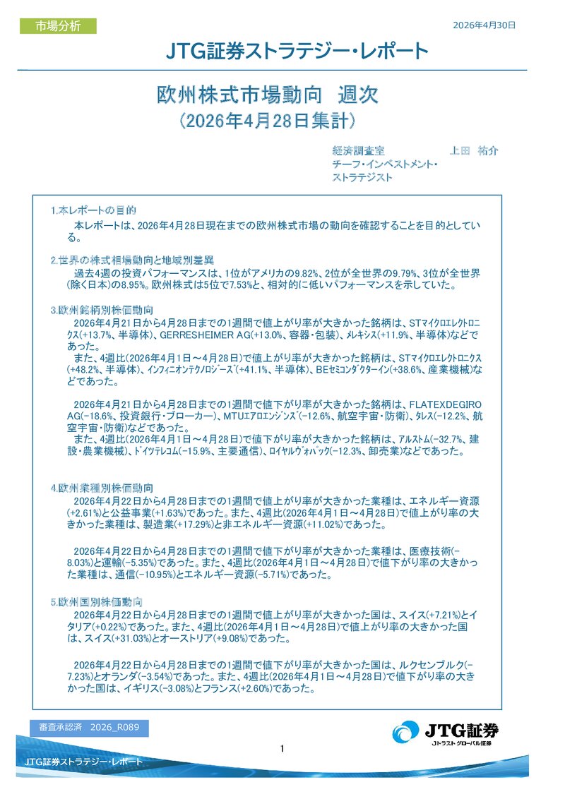 欧州株式市場動向　週次(2026年4月28日集計)