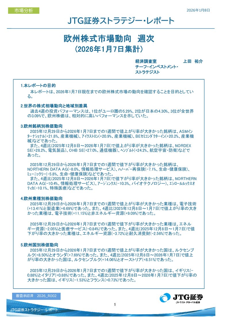欧州株式市場動向　週次(2026年1月7日集計)