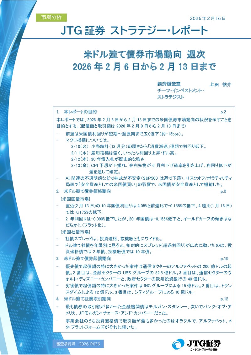 米ドル建て債券市場動向 週次 2026年2月6日から2月13日まで