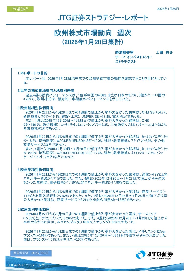 欧州株式市場動向　週次(2026年1月28日集計)