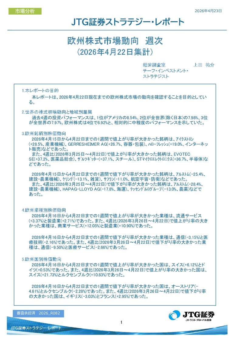 欧州株式市場動向　週次(2026年4月22日集計)