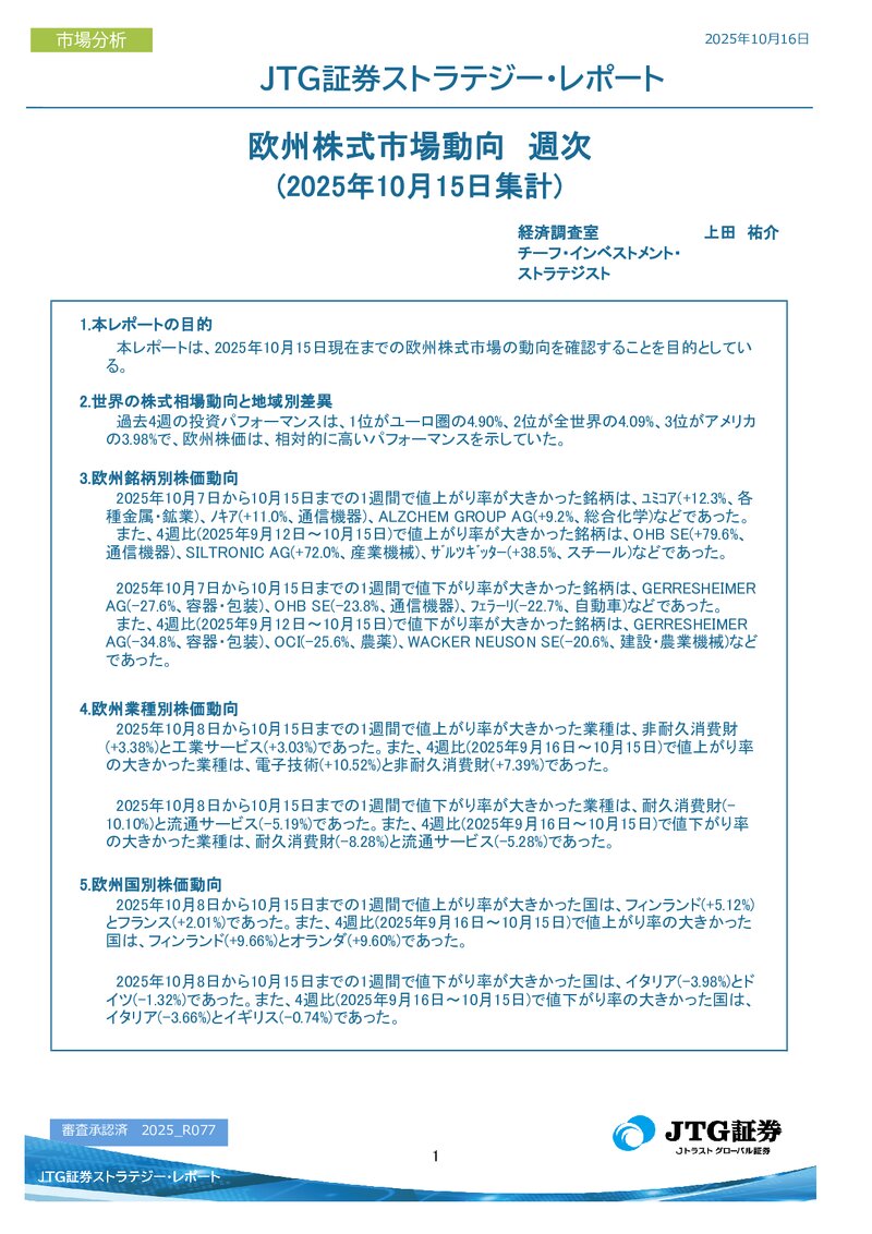欧州株式市場動向　週次(2025年10月15日集計)