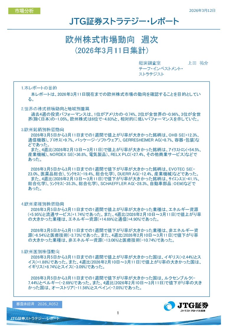 欧州株式市場動向　週次(2026年3月11日集計)