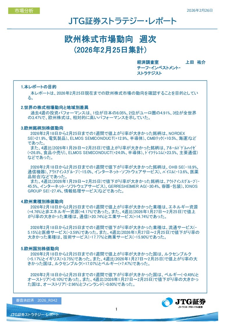 欧州株式市場動向　週次(2026年2月25日集計)