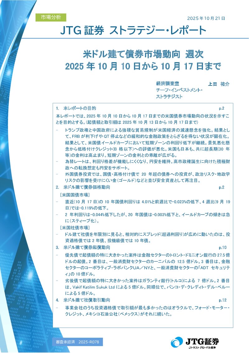 米ドル建て債券市場動向 週次 2025年10月10日から10月17日まで