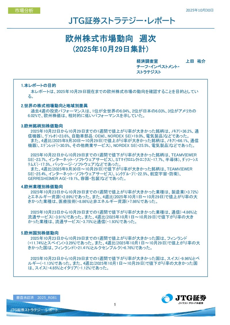 欧州株式市場動向　週次(2025年10月29日集計)