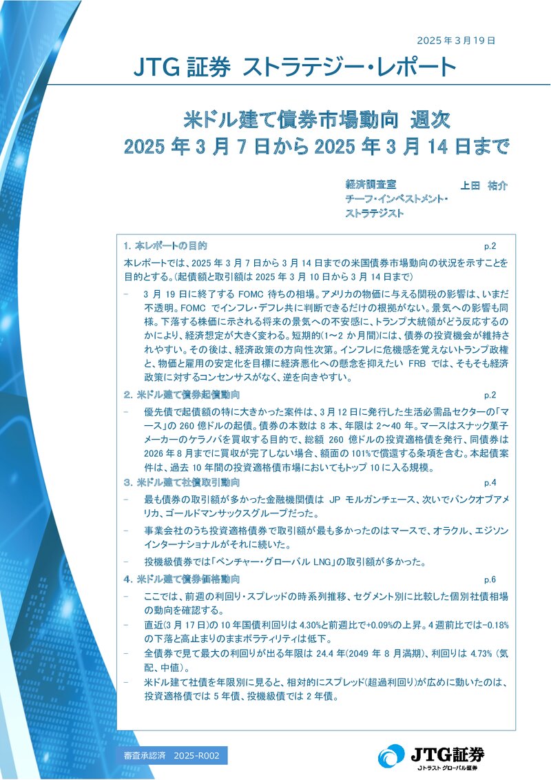 米ドル建て債券市場動向 週次　2025年3月7日から2025年3月14日まで