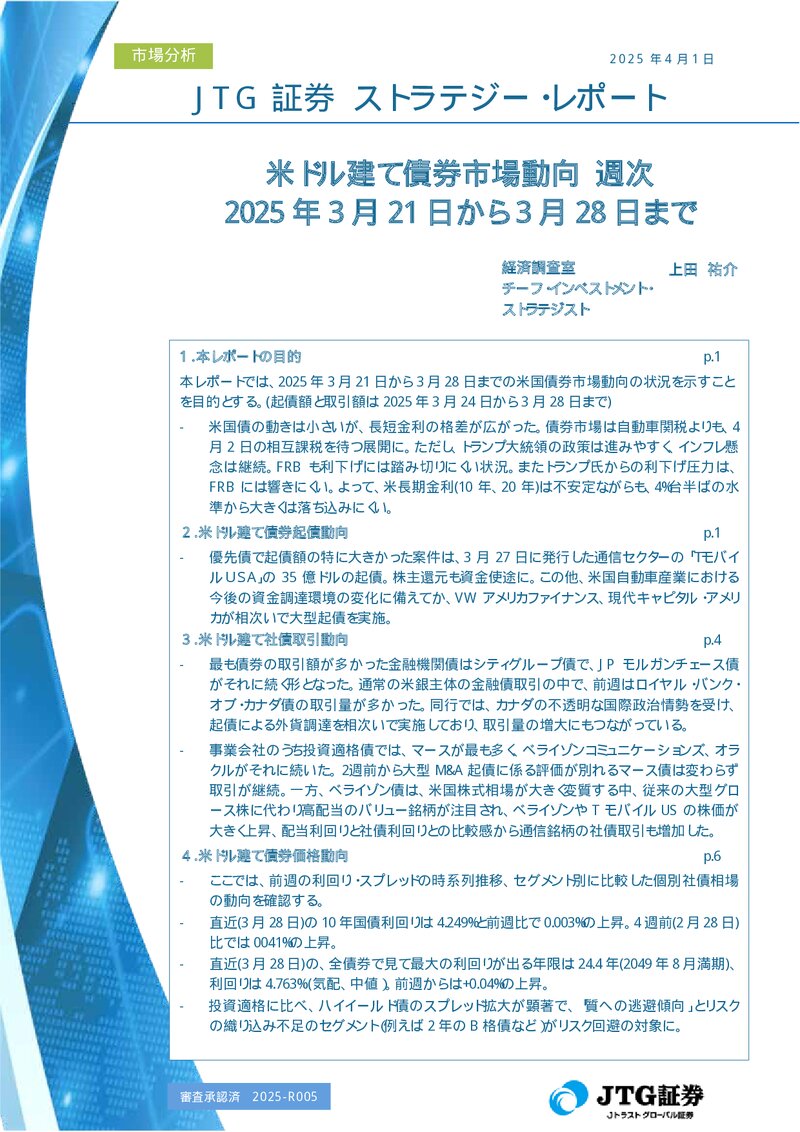 米ドル建て債券市場動向 週次　2025年3月21日から2025年3月28日まで
